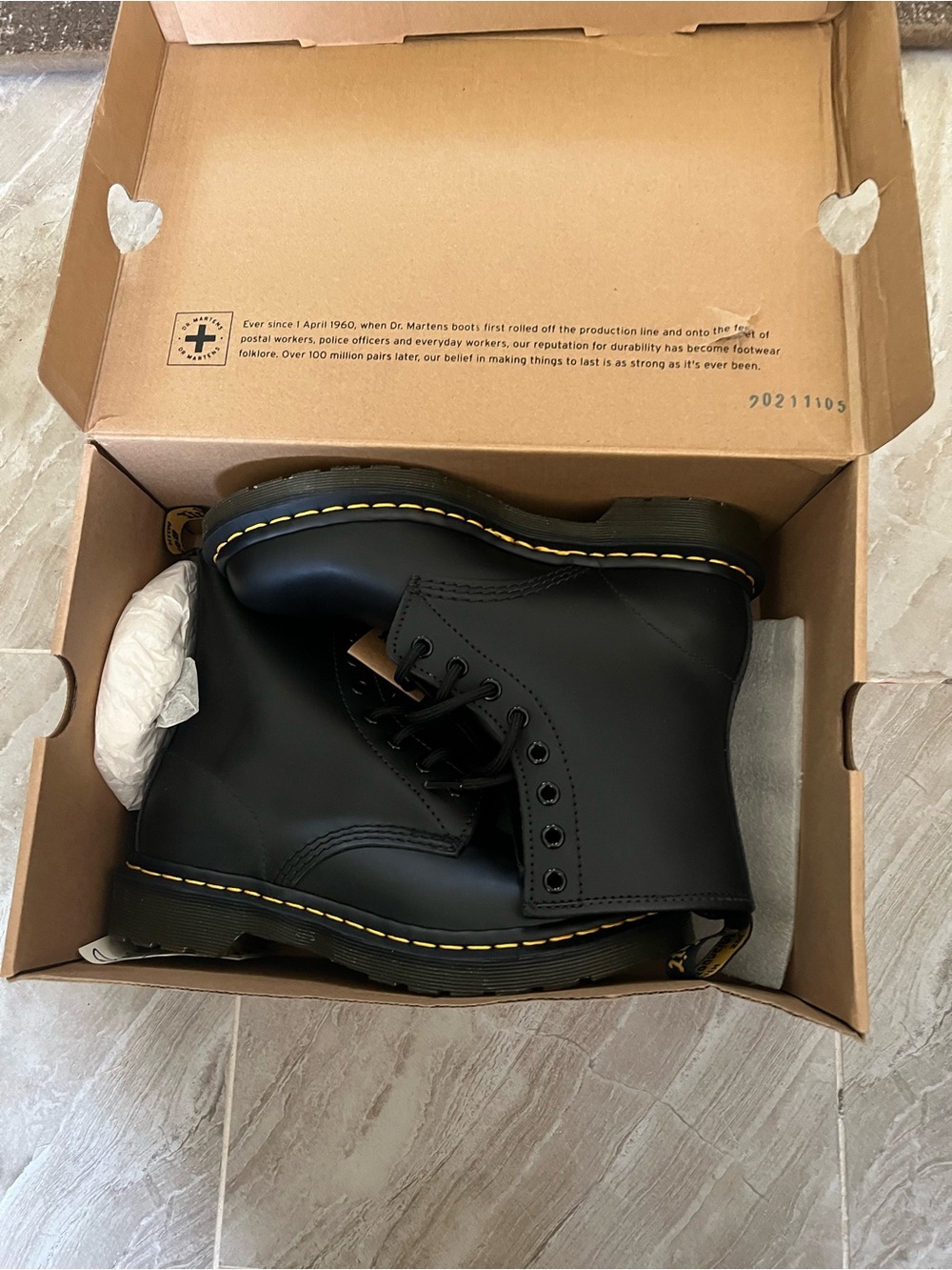 Dr. Martens Black Leather 8-Eye Boots with Yellow Stitching